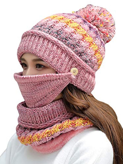 women girls knitted hat scarf mask set winter fleece lined beanie knit ear flaps hat with pompom (pink) for Women