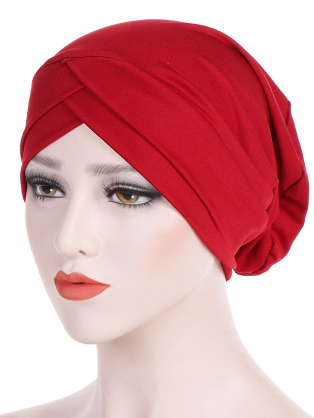 Solid Stretch Fabric Forehead Cross India Cap Turban Hat Women Elastic Turban Muslim Hijab Islamic India Hair Loss Caps Scarf Headwraps for Women
