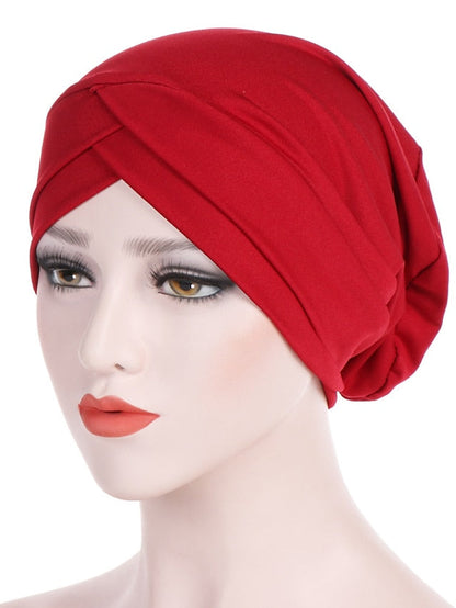 Solid Stretch Fabric Forehead Cross India Cap Turban Hat Women Elastic Turban Muslim Hijab Islamic India Hair Loss Caps Scarf Headwraps for Women
