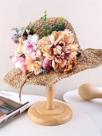 Hat Straw Hat Sun Hat Pink Khaki Navy Blue Party Outdoor Dailywear Floral Floral Portable Windproof Comfort for Women