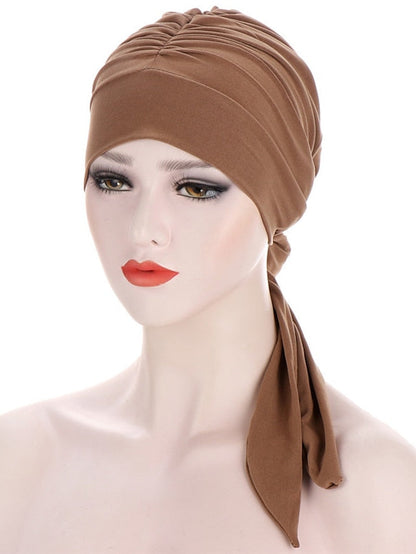 Muslim Women Stretch Solid Wrinkle Turban Hat Cancer Chemo Beanies Caps Pre-Tied Scarf Headwear Headwrap Simple Hair Accessories for Women