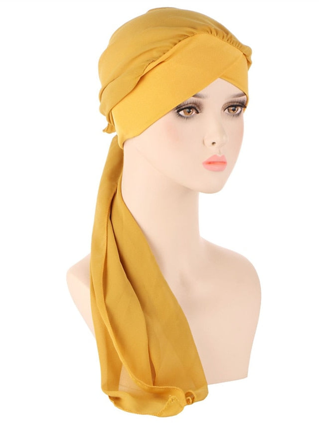 Muslim Women Chiffon Long Headscarf Islam Turban Indian Cap Plain Print Hijab Beanie Hair Care Boho Wraps Hat for Women