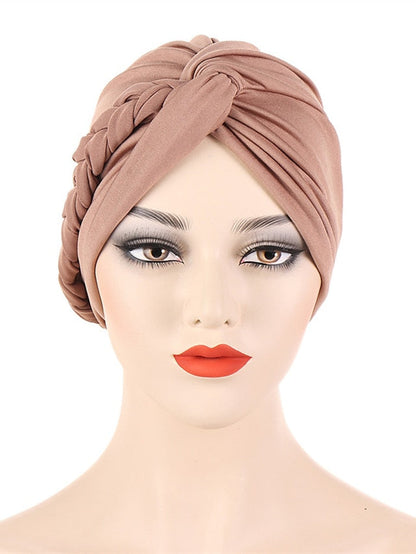 Women Lady Muslim Braid Head Turban Wrap Plain Color Islamic Arab Cap Hat Hair Loss Bonnet Beanies for Women